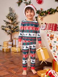 SHEIN Young Boy Minimalist Christmas Festive Pattern Long Sleeve Snug Fit Top And Pants Pajama Setsnug Fit" Kids Christmas Pajama Family Christmas Pajamas Fall Winter - Multicolor - View 3