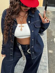 Jeanoix 大码女式时尚休闲百搭水洗牛仔夹克 - 深色水洗藍 - 查看 4