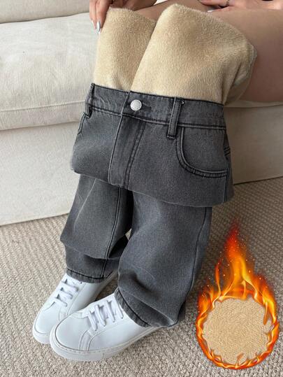 SHEIN Tall Women's Casual Straight Leg Fleece Lined Jeans, Autumn/Winter