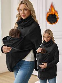 SHEIN Maternity Solid Color Cowl Neck Raglan Sleeve Long Sleeve Casual Sweatshirt, Autumn - Black - View 2