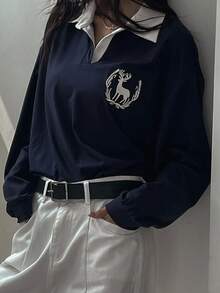 DAZY Women's Casual Loose Fit Drop Shoulder T-Shirt With Embroidered Deer,Graphic Tees,Back To School Clothes