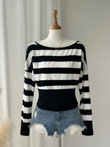 Comfortcana Women's Striped Round Neck Drop Shoulder Long Sleeve Casual Waist Fitted T-Shirt - Black - View 5