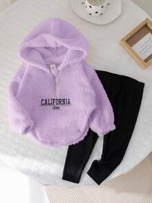 Bộ 2 áo nỉ dài tay in chữ dễ thương cho bé gái, áo nỉ có mũ và quần legging dệt kim, mùa thu/đông - Nhiều màu - Xem 1