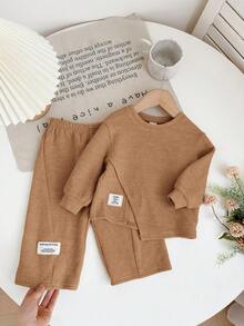 SHEIN 2pcs Babygirl Casual Knit Khaki Long Sleeve Top And Elastic Waist Pants Set, Autumn/Winter Toddler Set Brown Baby Outfit Baby Set Autumn Winter Baby Clothes Set Mocha Baby Set - Khaki - View 4