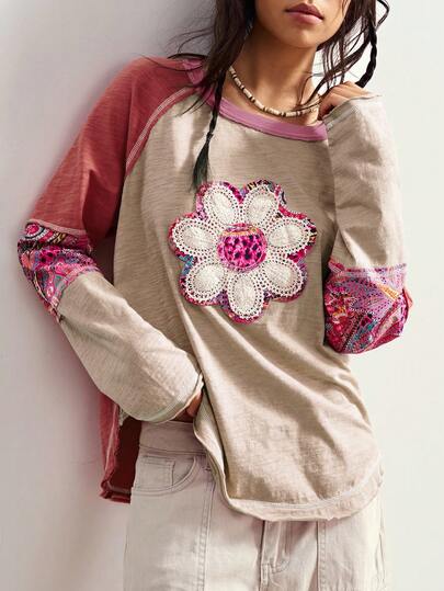 Bohemela Plus Size Women Floral Applique Contrast Color Round Neck Raglan Sleeve Casual T-Shirt