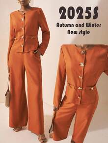 Zivah Conjunto de 2 piezas de lino en marrón rojizo, compuesto por: Chaqueta de manga larga con solapa asimétrica y decoración de botón de metal, cintura ceñida, y pantalón de pierna ancha. Nuevo lanzamiento para otoño/invierno 2025, ideal para festivales de música, graduación, uso diario, vacaciones en la playa, streetwear y elegante para ir al trabajo.