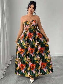 Elenzga Plus Size Women's Elegant Romantic Digital Print Strapless Waist A-Line Dress, Summer Vacation