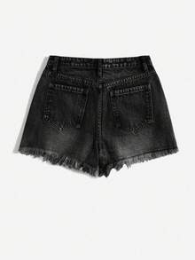 SHEIN EZwear 女士夏季毛边牛仔短裤 - 黑色 - 查看 2