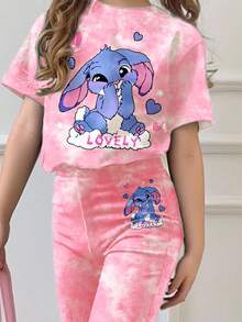 SHEIN Bộ 2 món/Bộ bé gái dễ thương hình thỏ xanh Lulu hoạt hình, họa tiết khâu, áo thun tay ngắn cổ tròn in họa tiết nhuộm màu đỏ tươi và quần ống loe, phù hợp cho mùa hè, trang phục thường ngày cho trẻ em - Nhiều màu - Xem 3