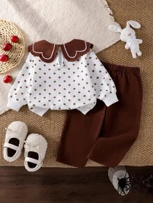 SHEIN Bộ quần áo thun màu nâu giản dị thoải mái dễ thương cổ xám sọc trắng thêu hoa trang trí cho bé gái - Nhiều màu - Xem 2