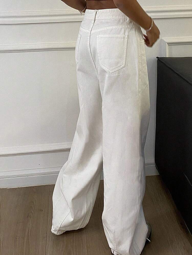 Women's Pocket Design Casual Loose Straight-Leg White Jeans