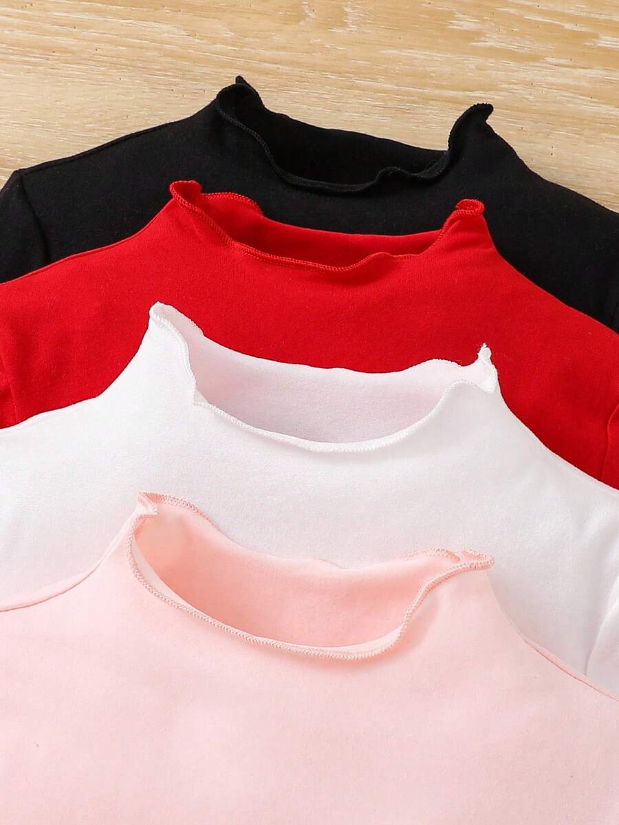 SHEIN LMoss Kids LMoss Young Girl 4pcs/Set Mock Neck Lettuce Trim Knit Fabric Tee, Versatile, Great For Casual Daily Wear & School Daily In Autumn & Winter Fall - Red - View 1