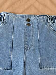 SHEIN 十幾歲女孩的休閒寬腿牛仔褲,有大口袋和褶皺腰帶,適合度假或日常穿著 - 淺色水洗藍 - 查看 3