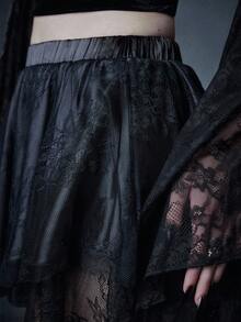 Glisette 女士分层蕾丝缎面蛋糕裙，中长款派对裙，秋冬 - 黑色 - 查看 5