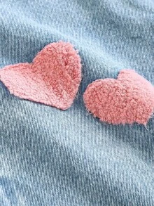 SHEIN 女童粉色爱心刺绣图案蓝色牛仔宽松裤 - 淺色水洗藍 - 查看 5