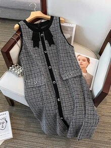 Regalyn Plus Size Women's Single-Breasted Contrast Color Tweed Dress, Fashionable Luxurious Dignified Elegant High-End Romantic Sleeveless
