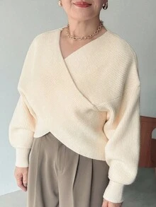 FRIFUL 女式纯色 V 领落肩长袖交叉设计宽松休闲百搭毛衣，秋冬 - 米色 - 查看 3