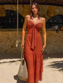 Swim Oasis V-Neck Caramel Brown Hollow Out One-Piece Swimsuit For Women - Brown - View 3