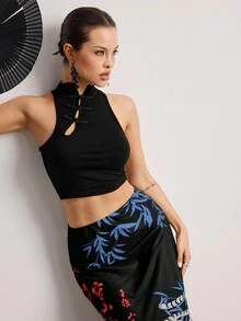 ROMWE Avant 中国风老虎与竹叶书法印花开衩女裙 - 彩色 - 查看 9