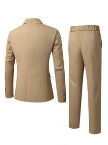 Manfinity Mode Men's Solid Color Lapel Neck Long Sleeve Double Breasted Blazer And Pants Casual Suit Set, Old Money - Khaki - View 2
