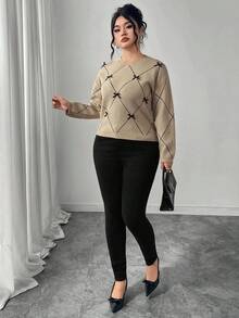 Modelyn 大码女式圆领撞色蝴蝶结装饰落肩休闲针织套头衫 - 卡其色 - 查看 4