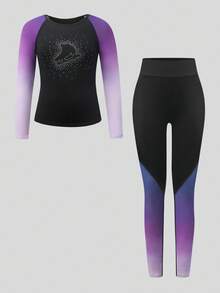 SHEIN Tween Girls Figure Skating Outfit, Snug Fit Purple Ombre Sparkly Rhinestone Ice Skating Costume Set, Professional Ice Skating Sportswear Fall Winter - Multicolor - View 6