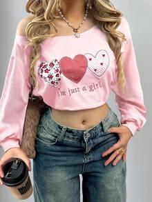 INAWLY Sweatshirt Kasual Wanita Motif Hati Bordir Bahu Miring untuk Kembali ke Sekolah, Cocok untuk Kampus, Rumah, dan Aktivitas Luar Ruangan - Berwarna merah muda - View 1