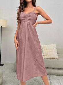 Solid Cami Nightdress & Ruched Frill Trim Robe Pajama Set, Fall Winter Clothes - Dusty Pink - View 3