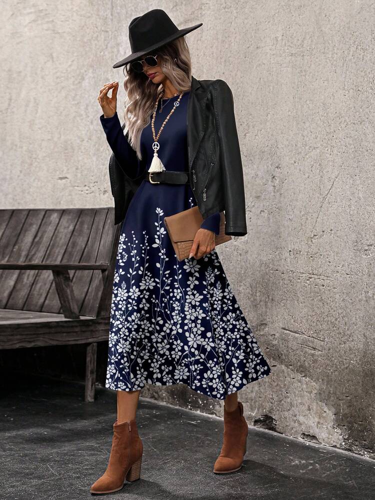 Women's Floral Print Long Sleeve Dress Navy Blue Floral Dress Blue Floral Print Dress Long Sleeve Midi Dress Elegant Floral Midi Dress Women Elegant Navy Dress