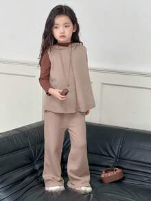 DAZY 2pcs Young Girl Girls Hooded Sweater Vest + Fleece Pants Set, Autumn