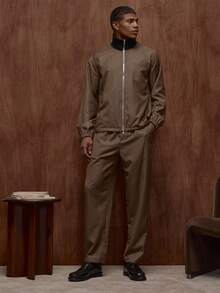 Musero Relaxed Fit Long Sleeve Premium Ribbed Stand Collar Bomber Jacket Front Welt Pocket Tracksuit Top Only Fall/Autumn Winter - Khaki - View 3