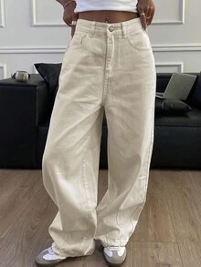 Livesso 纯色宽松哈伦长款牛仔裤，女士牛仔裤 - 杏色 - 查看 4