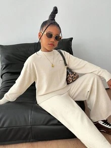 SHEIN Tween Girls Apricot Knit Set, Loose Knit Sweater + Pants 2 Pieces Casual Fashionable Versatile Outfit In Fall/Winter - Apricot - View 3