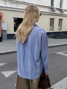 Muvela 2025 秋冬新款复古优雅女士奢华情人节约会下午茶派对婚礼生日优雅休闲返校教师节女士拉链前长袖条纹衬衫复古学院风返校老钱风 - 彩色 - 查看 3