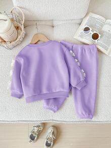 2 件女婴可爱紫色蝴蝶结长袖运动衫和松紧腰裤套装，秋冬 - 紫色 - 查看 2
