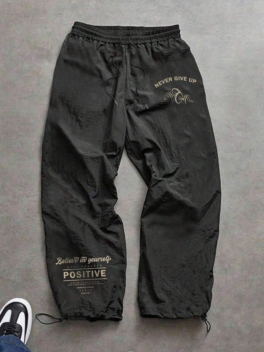 Sport MetroGents 男士标语印花抽绳裤脚运动裤，定制裤，钓鱼裤，宽松运动裤 - 黑色 - 查看 1