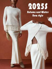 Zivah The 2025 New Autumn, Autumn And Winter Casual, Simple, Street, Daily, Date, Birthday, Party, Travel Season, Warm, Elegant, Commuting, Office Worker, Internet Celebrity Hit, Round Neck, Wide Shoulder, Long Sleeve, Fringed Hem, Decorated Back, Cross Backless, Crappy, Ribbed Pullover, Sweater, Women's Knitted Top -A