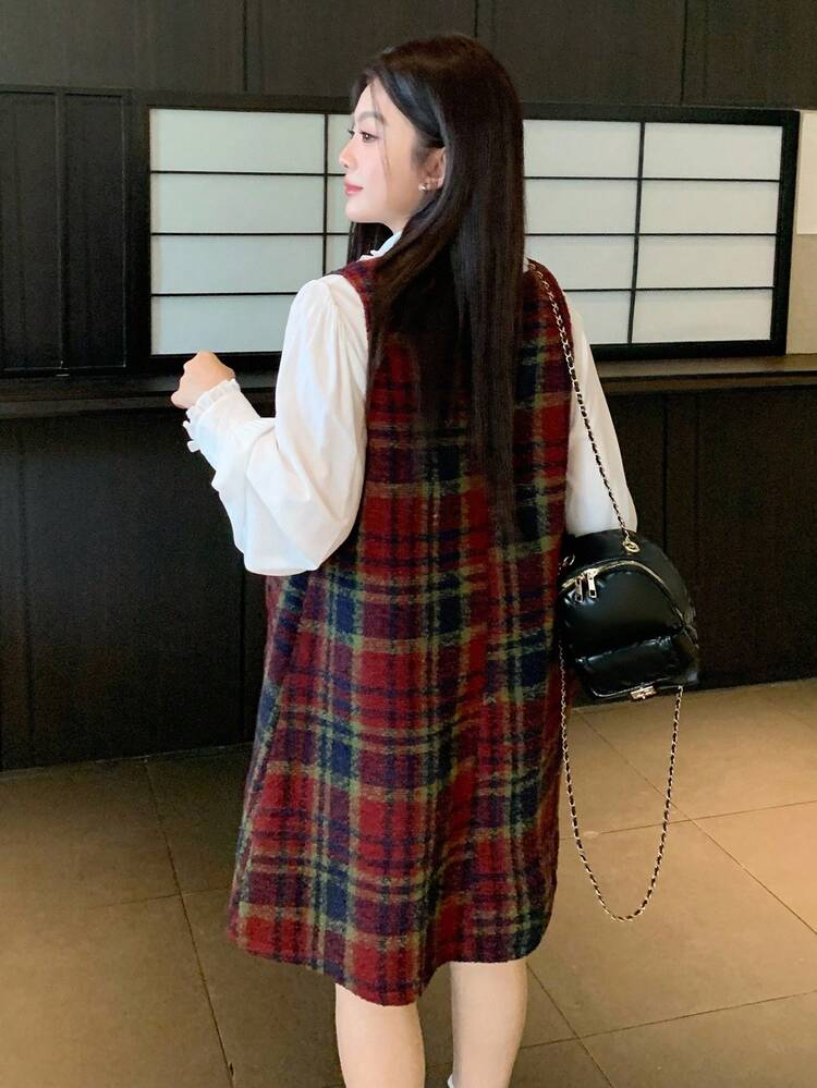 Dazy Plus Christmas & New Year Plaid Sleeveless Pocket Casual Layered Short Straight Dress For Women, Autumn