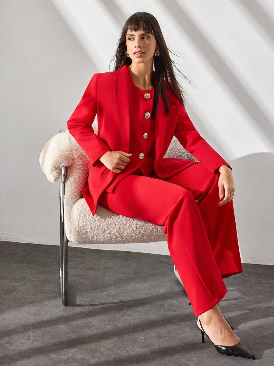 CLARA VERO Women's Red Gold Button Front Seam Detailed Wide Leg Good Quality Elegant Three Pieces Suit Set - Red - View 1