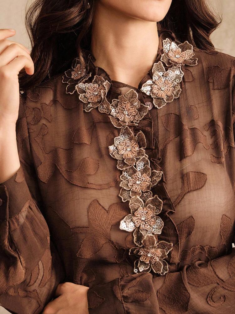 Women's Elegant Floral Patchwork Long Sleeve Blouse, Suitable For Commuting