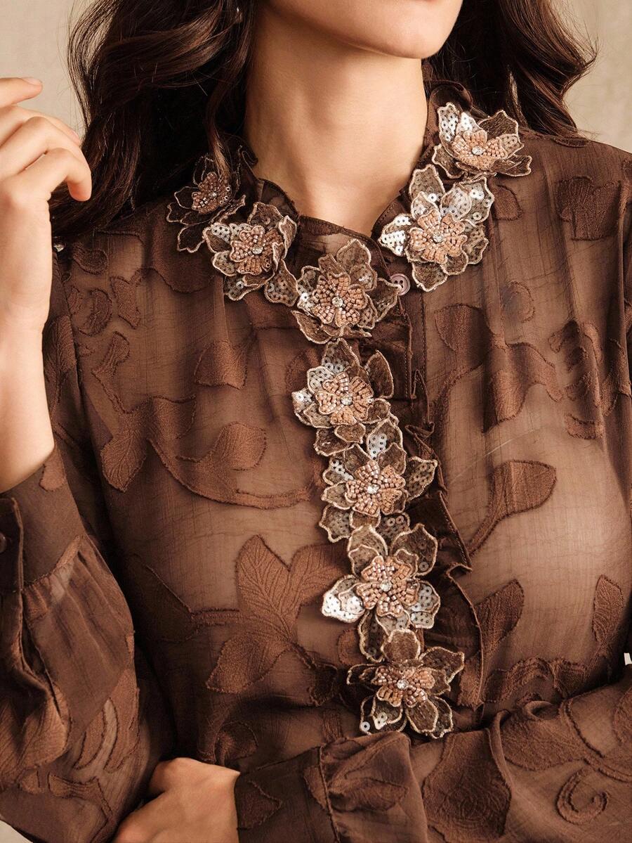 Anewsta Women's Elegant Floral Patchwork Long Sleeve Blouse, Suitable For Commuting