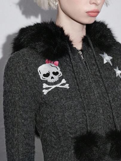 J-Fashion Cardigan à capuche zippé en peluche avec broderie squelette et étoiles Abby, style Y2K Baddie, pour Halloween