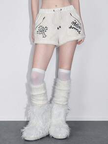 ROMWE Goth Y2K 哥特式十字绣毛绒女式短裤，万圣节 - 米色 - 查看 6