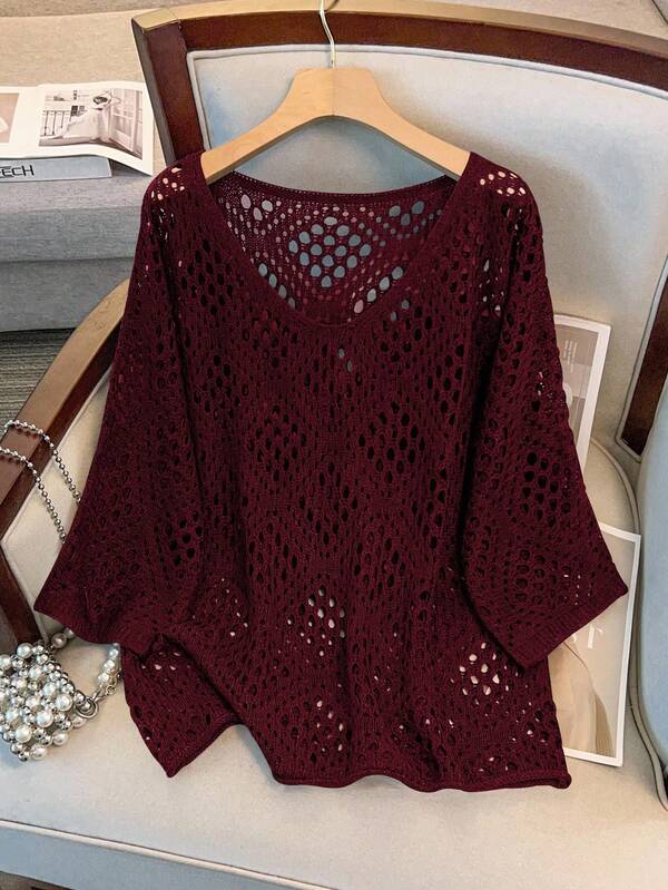 GlowEve CURVE Plus Size Women Hollow Out 3/4 Sleeve Knitted Sweater