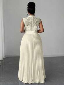 Maweii Plus Size Women Solid Color Sleeveless Lace Pleated Waist Dress - Apricot - View 2