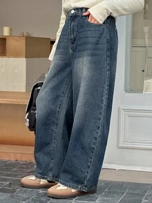 Dazy Kids Tween 女童休闲破洞喇叭牛仔裤 - 深色水洗藍 - 查看 6