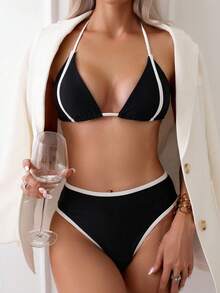 Swim Chiccia Summer Beach Contrast Binding Halter Triangle Bikini Set - Black and White - View 2