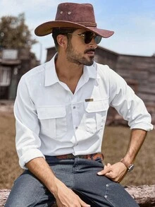 Manfinity Nomadique Men's Western Style Long Sleeve Cargo Pocket Casual Shirt Men Cowboy Shirts Casual Shirts For Men, Button-Down Shirt Western Shirts Men White Pocket Shirt Men Long Sleeve Shirts Outdoor Music Festival, Nightclub Bar, Boyfriend/Husband Gift, Anniversary Gift, Fall