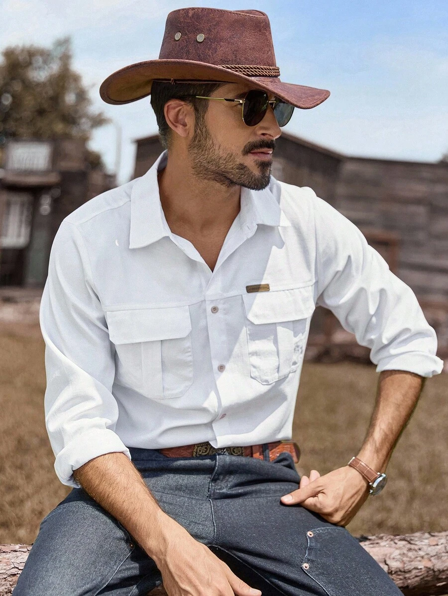 Manfinity Nomadique Men's Western Style Long Sleeve Cargo Pocket Casual Shirt Men Cowboy Shirts Casual Shirts For Men, Button-Down Shirt Western Shirts Men White Pocket Shirt Men Long Sleeve Shirts Outdoor Music Festival, Nightclub Bar, Boyfriend/Husband Gift, Anniversary Gift, Fall