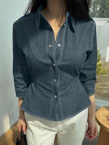 DAZY Women's Solid Color Fitted Short Denim Blouse, Autumn - Light Wash - View 4